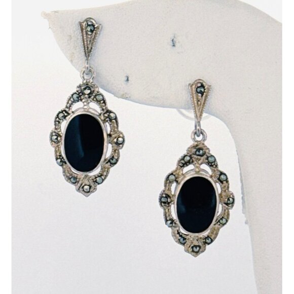 Vintage Sterling Silver 925 Marcasite Black Onyx Drop Dangle Earrings 5.2g - Picture 1 of 8